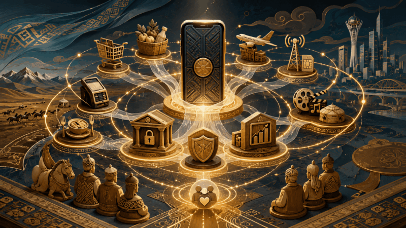 Central mobile platform connected to banking, brokerage, insurance, payments, shopping, travel and telecom services in a super app ecosystem.