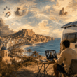 Remote business owner working from a campervan on Spain’s Mediterranean coast while an automated client acquisition system handles leads, follow-ups and scheduling.