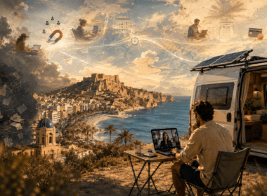 Remote business owner working from a campervan on Spain’s Mediterranean coast while an automated client acquisition system handles leads, follow-ups and scheduling.