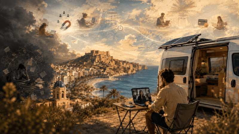Remote business owner working from a campervan on Spain’s Mediterranean coast while an automated client acquisition system handles leads, follow-ups and scheduling.