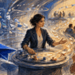 Editorial drawing of a marketing strategist directing automated message flows toward online communities through a central control surface.