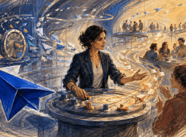 Editorial drawing of a marketing strategist directing automated message flows toward online communities through a central control surface.