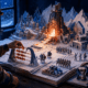 Winter commander uses a Fire Crystal abacus to plan Furnace upgrades, resources and troop deployment in a frozen settlement.