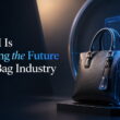 Black leather handbag displayed on a pedestal with a glowing blue AI wireframe overlay and digital design interface, representing smart bag development and AI-assisted manufacturing.