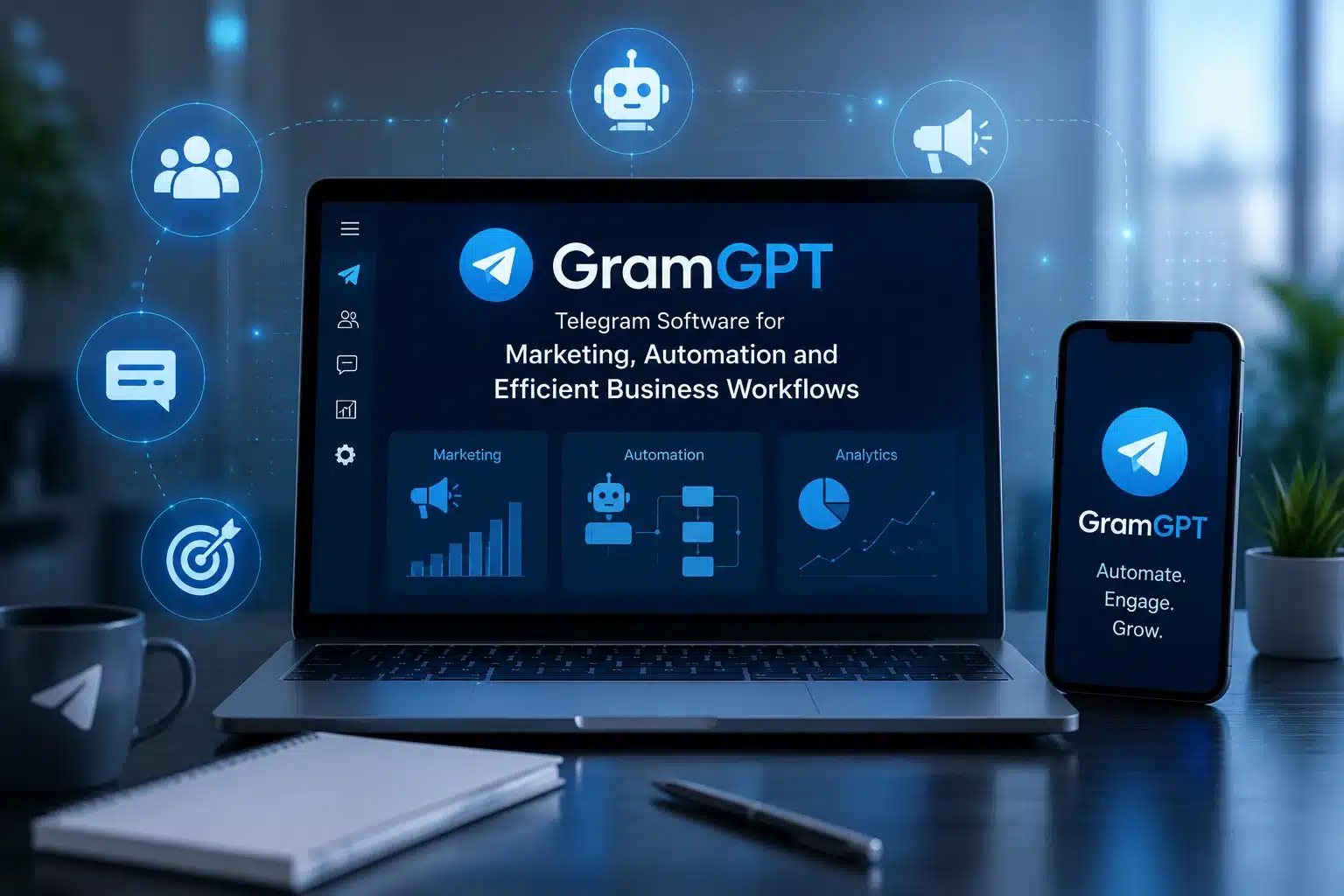 GramGPT Telegram software dashboard on a laptop and smartphone showing marketing, automation and analytics modules