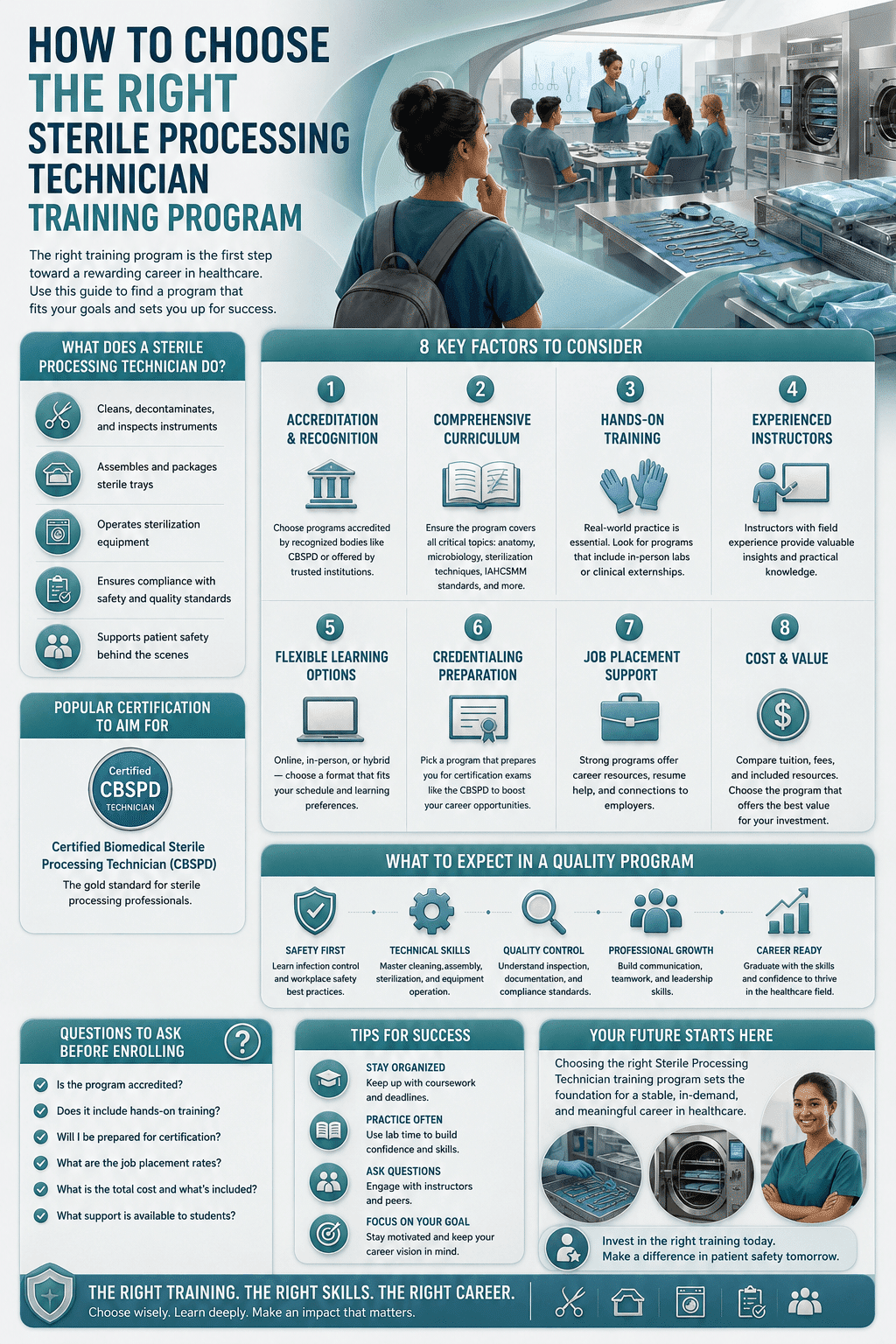 A healthcare career infographic detailing Infographic: How to Choose the Right Sterile Processing Technician Training Program, outlining accreditation, CBSPD certification prep, hands-on clinical training, and curriculum standards.