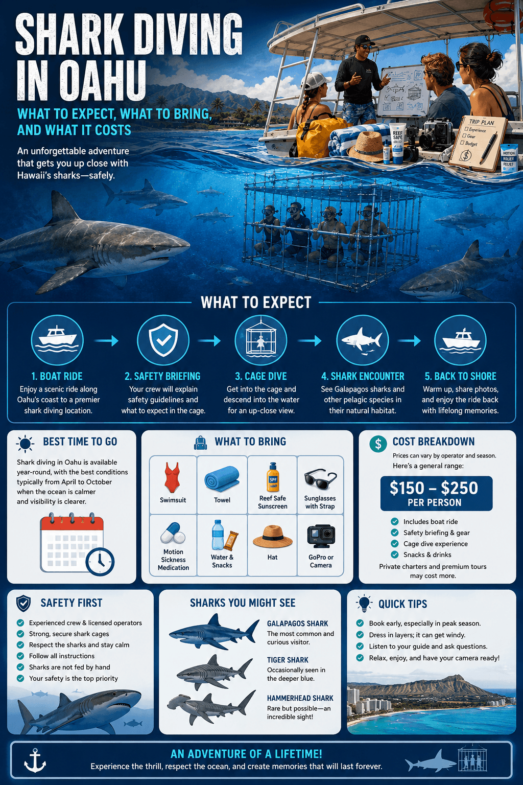 A Hawaii adventure travel infographic detailing Shark Diving in Oahu: What to Expect, What to Bring, and What It Costs, highlighting the cage diving process, an packing list, pricing breakdowns, and safety tips.