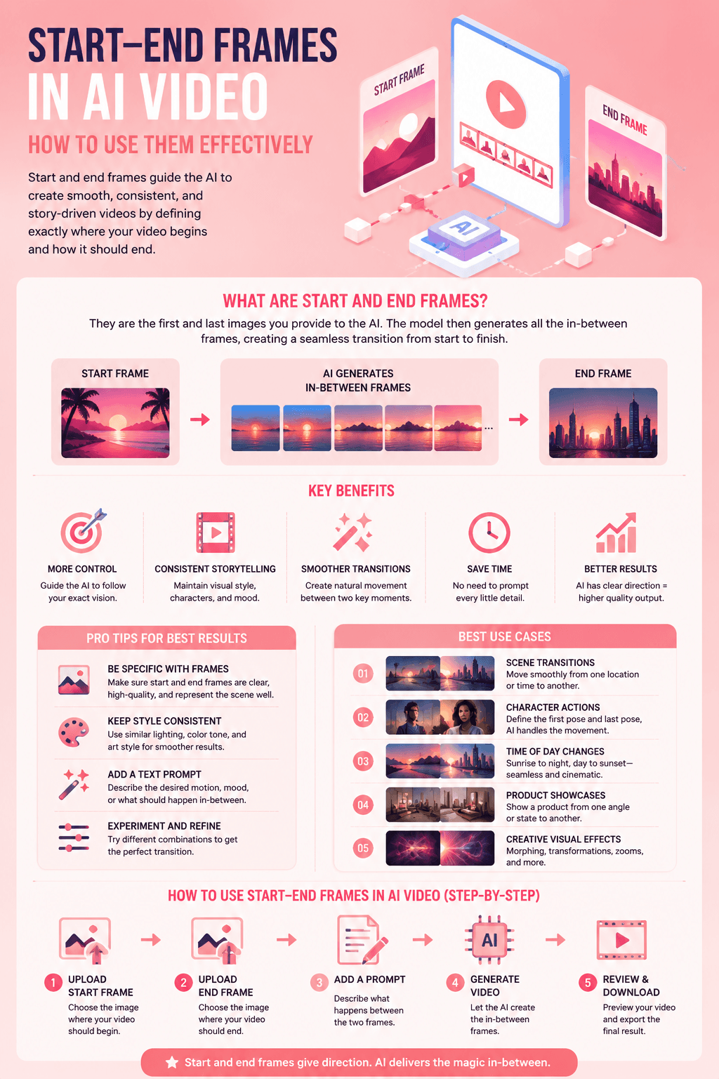 An AI video production infographic detailing Start-End Frames in AI Video: How to Use Them Effectively, charting key benefits, pro tips, creative use cases, and a step-by-step generation workflow.