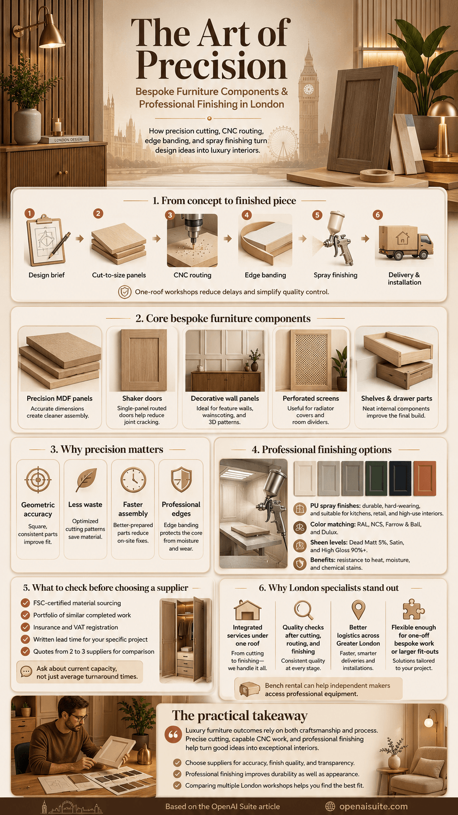 A high-end joinery and interior fabrication infographic detailing The Art of Precision: A Comprehensive Guide to Bespoke Furniture Components and Professional Finishing in London, illustrating a six-stage manufacturing workflow, CNC component selections, and spray finishing specifications.