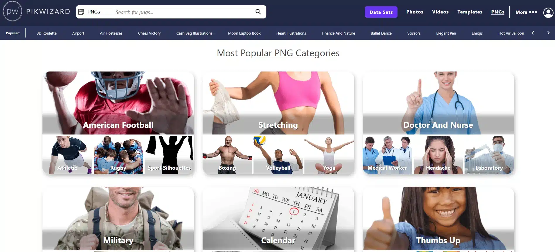 A screenshot of the Pikwizard website showing popular PNG categories like American Football, Stretching, and Doctor and Nurse, illustrating why I often use Pikwizard for social PNG icons