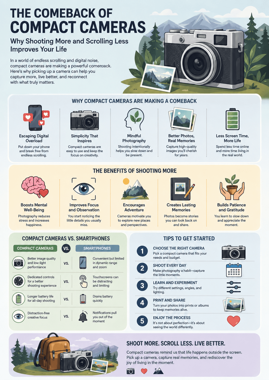 An infographic exploring the comeback of compact cameras and why shooting more and scrolling less improves your life, featuring a comparison with smartphones and tips for mindful photography.