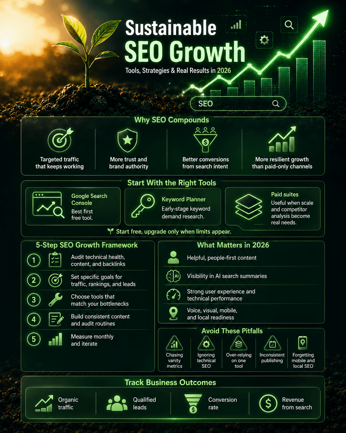 A dark-themed digital marketing infographic detailing Unlock Sustainable Business Growth with SEO: Tools, Strategies & Real Results, illustrating a five-step optimization framework, tool stack recommendations, and AI search visibility strategies.
