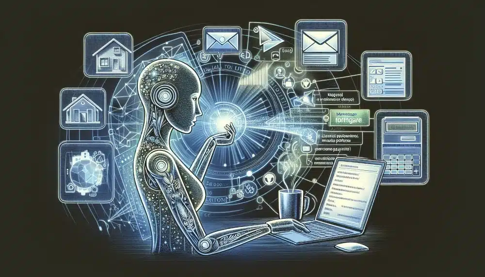Illustrated AI agent robot managing emails, documents, and data on a laptop