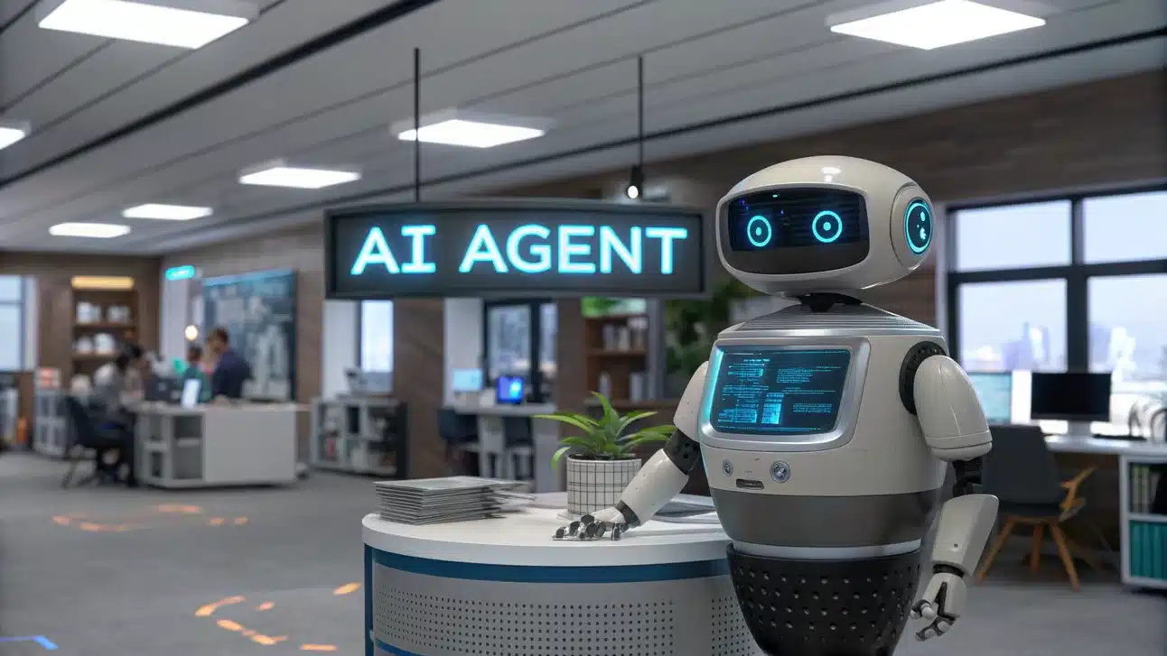 Robot at an office reception desk beneath an illuminated AI Agent sign, with staff working in the background