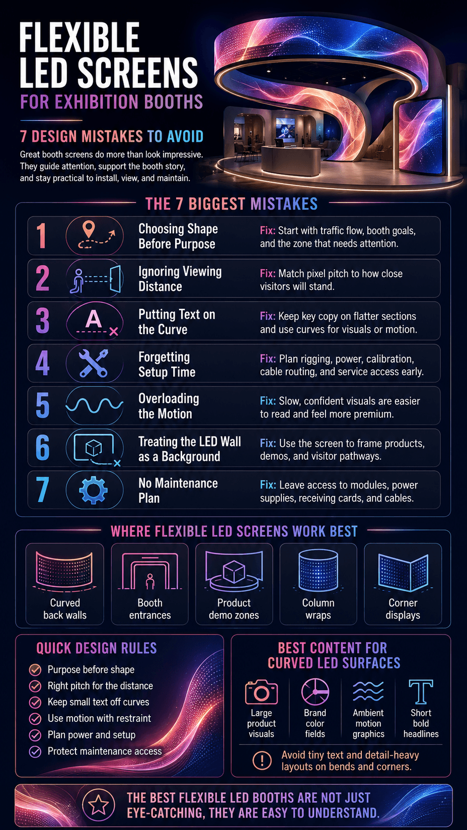 A technical trade show display infographic detailing the Infographic: Flexible LED Screen for Exhibition Booths: Avoid 7 Design Mistakes, mapping out common video wall placement flaws, pixel pitch considerations, and content mapping tips.