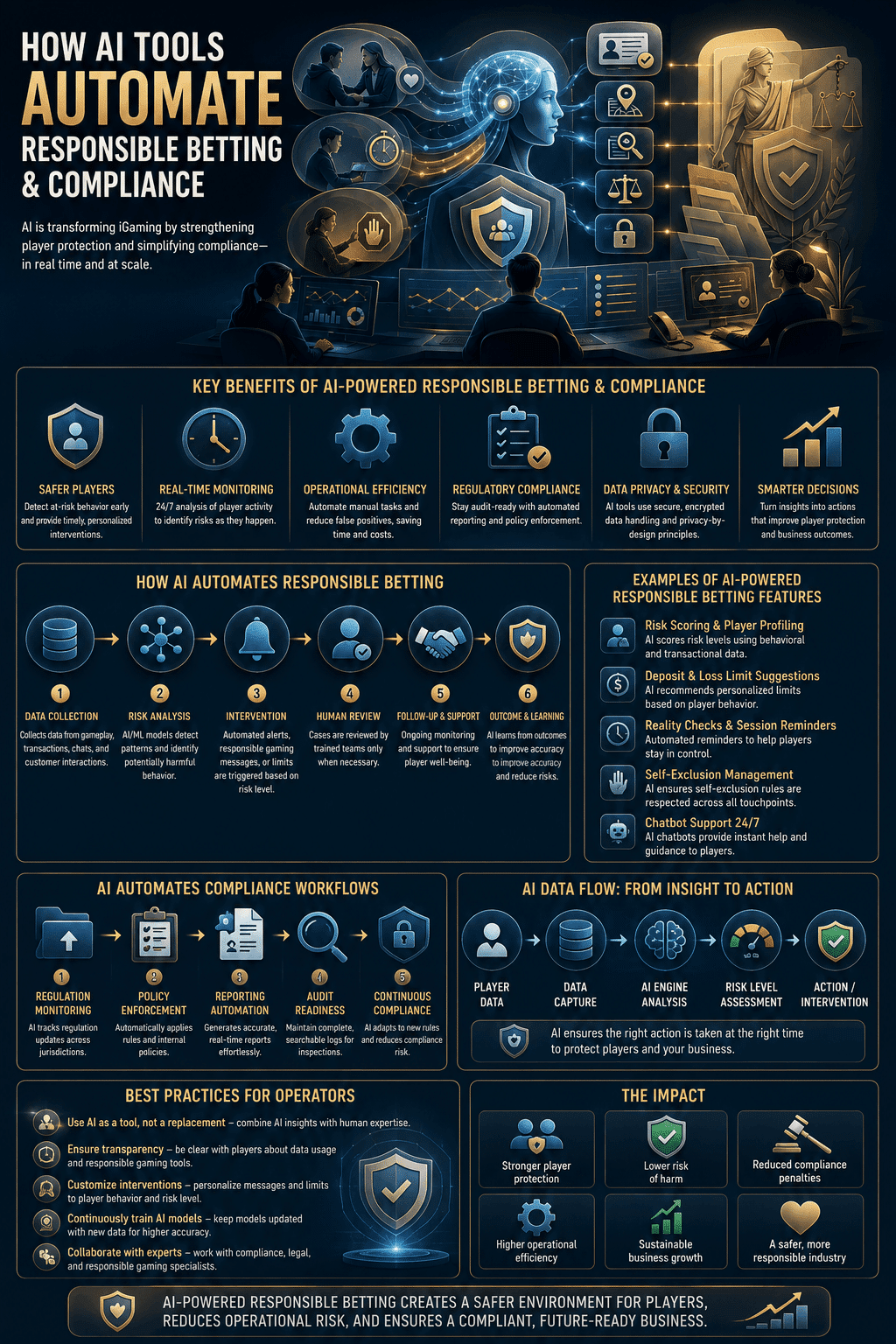An iGaming industry infographic titled How AI Tools Automate Responsible Betting and Compliance, detailing real-time player risk scoring, regulatory workflow automation, data flow pipelines, and operator best practices.