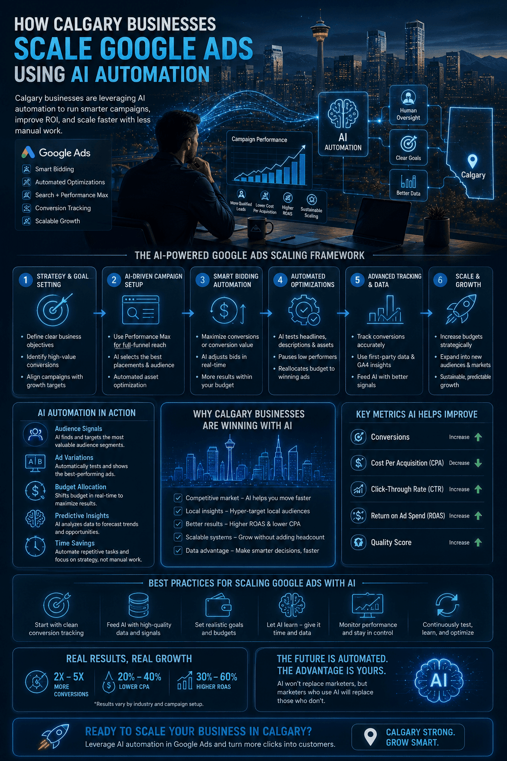 A digital marketing visual guide detailing Infographic: How Calgary Businesses Scale Google Ads Using AI Automation, featuring Performance Max setup, Smart Bidding, local audience signals, and ROAS optimization strategies.