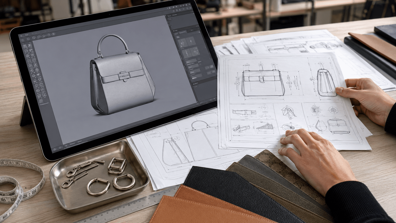Designer reviewing a 3D handbag model beside a printed tech pack and leather swatches on a workbench.