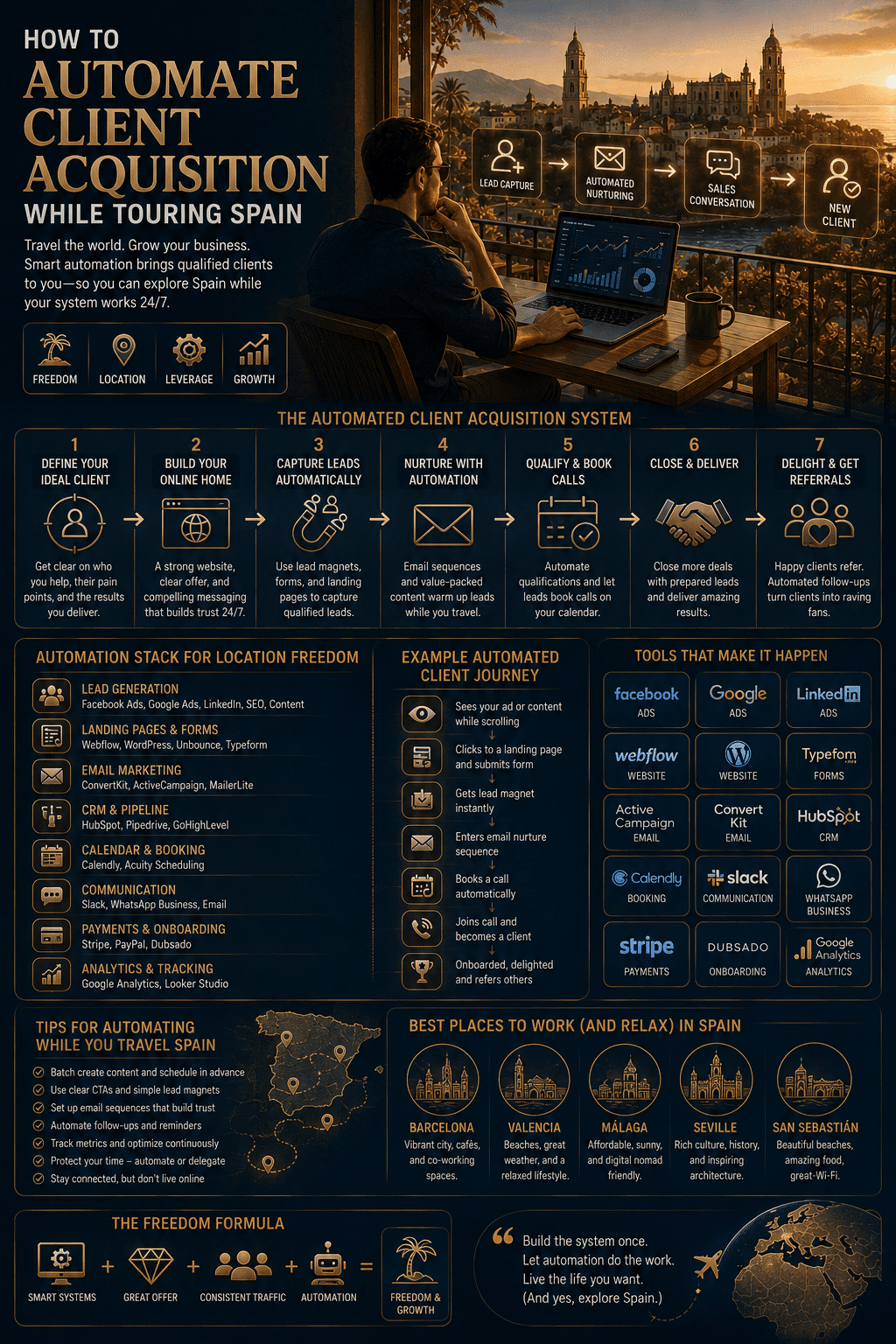 A remote entrepreneur guide detailing Infographic: How to Automate Client Acquisition While Touring Spain, covering automated sales funnels, CRM tech stacks, lead magnets, and top Spanish digital nomad hubs.