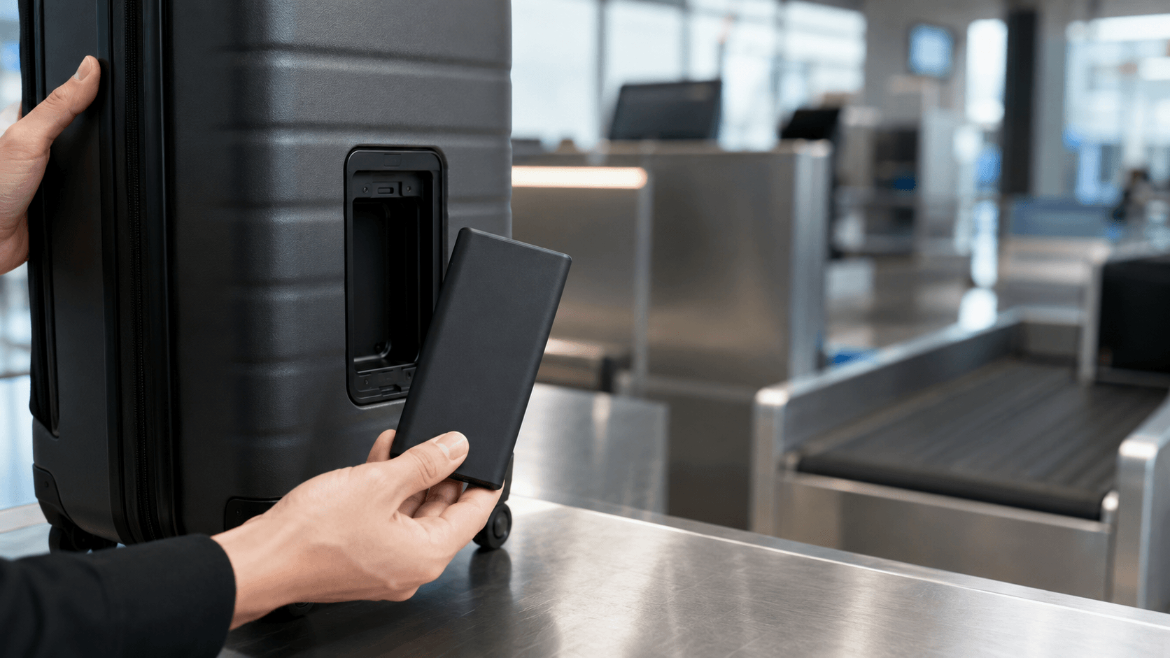 Suitcase with a removable power bank being detached at an airline check-in counter, illustrating smart luggage battery rules.